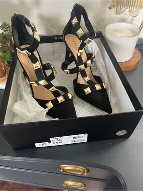 INC International Concepts Black Pointed-Toe Studded Strappy Heels